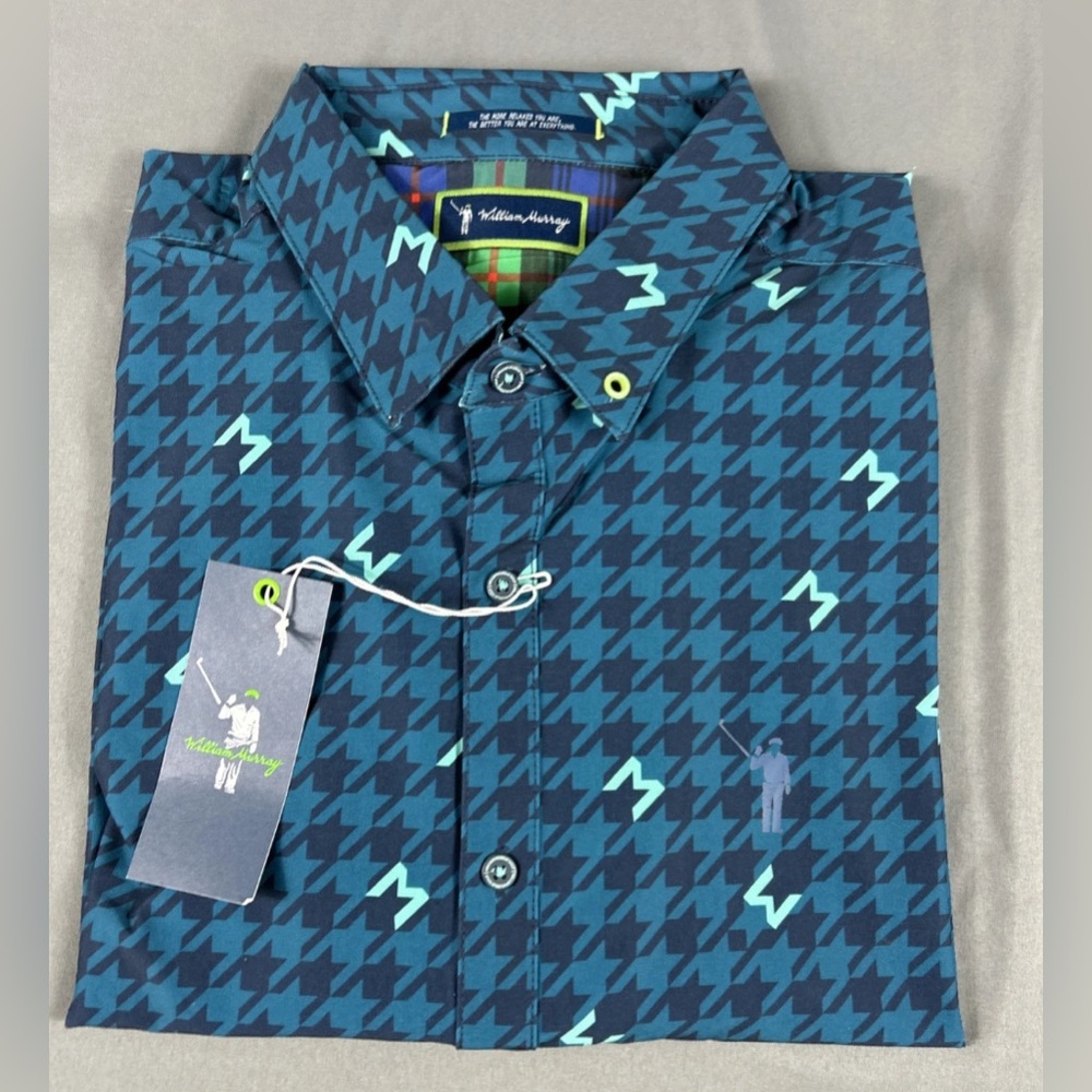 William Murray Golf Sport Shirt Polo Houndstooth Print LS Medium Blue Polyester